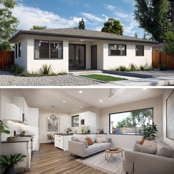 Side view of a contemporary ADU in Covina showing dark window frames and clean architectural lines