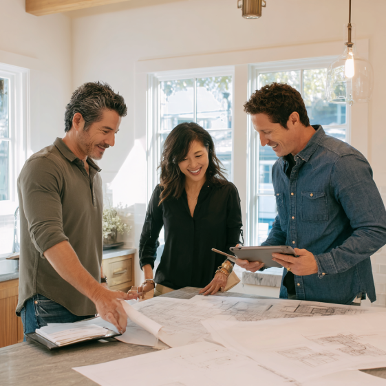 Homeowner and professionals reviewing architectural drawings for fire restoration in California