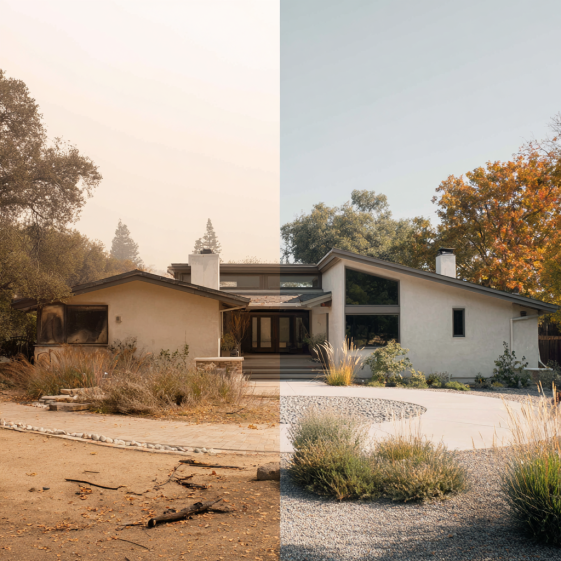 High-resolution image of a California home fully restored after fire damage with light stucco