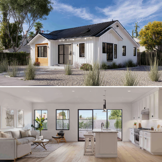 Exterior view of a stylish ADU in Costa Mesa with a modern patio, gravel landscaping, and wood accents