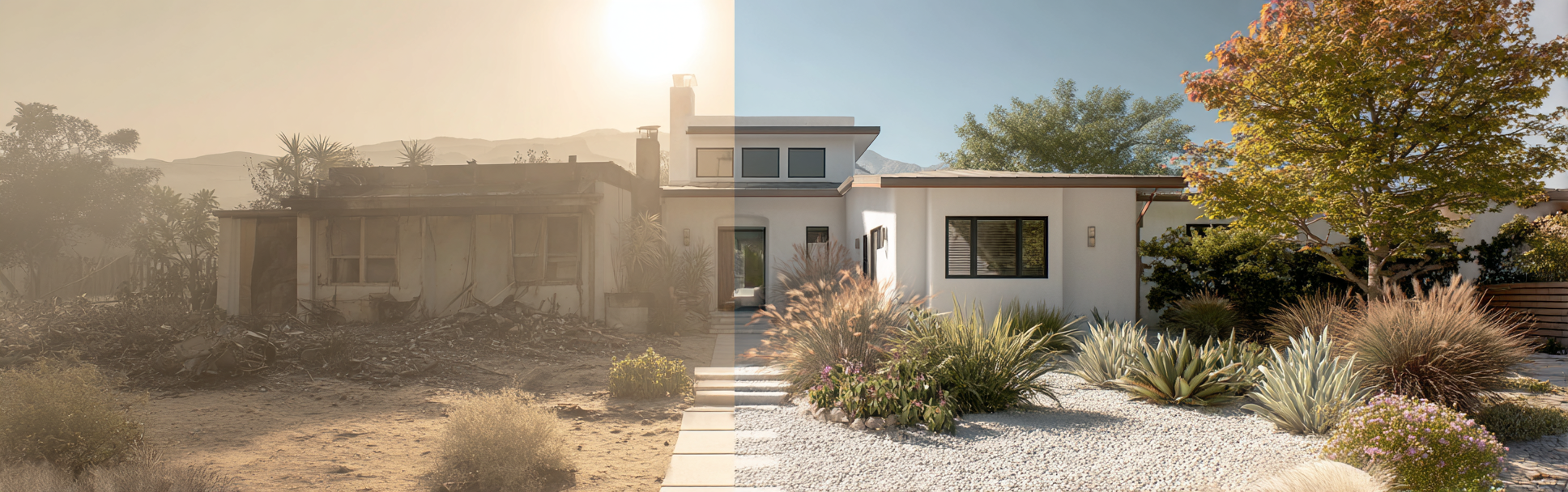 Split-view showing a fire-damaged house before and after professional fire restoration in California