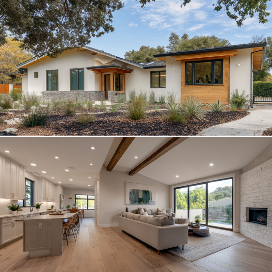 Explore the open-concept interior of a luxury ADU in Agoura Hills with vaulted ceilings, exposed beams, and light oak flooring.