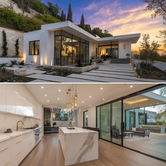Split-view of a luxury modern adu Bel-Air showcasing the sleek exterior and elegant interior design