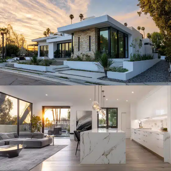 Split-view image of a luxury adu Beverly Hills showing the modern exterior and a marble kitchen interior