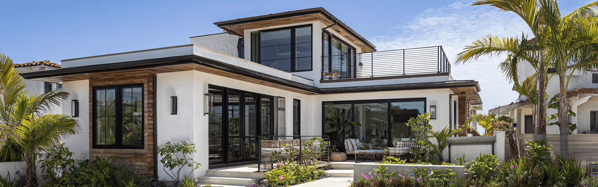 External view of a luxury modern ADU in Corona del Mar with white stucco and wood accents.
