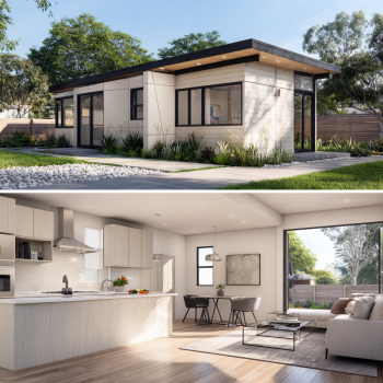 Modern architecture of an ADU in Cypress featuring dark window frames and smooth light stucco finish.
