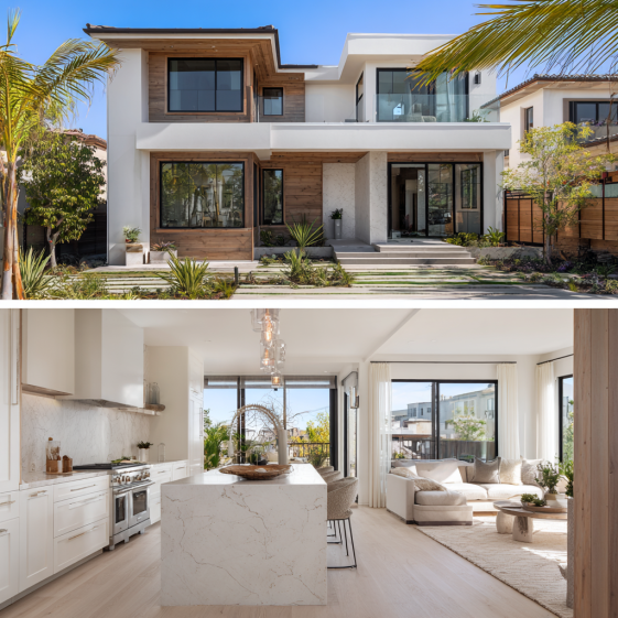 Split-view of a luxury ADU in Corona del Mar showing a white stucco exterior and a modern open-concept interior.
