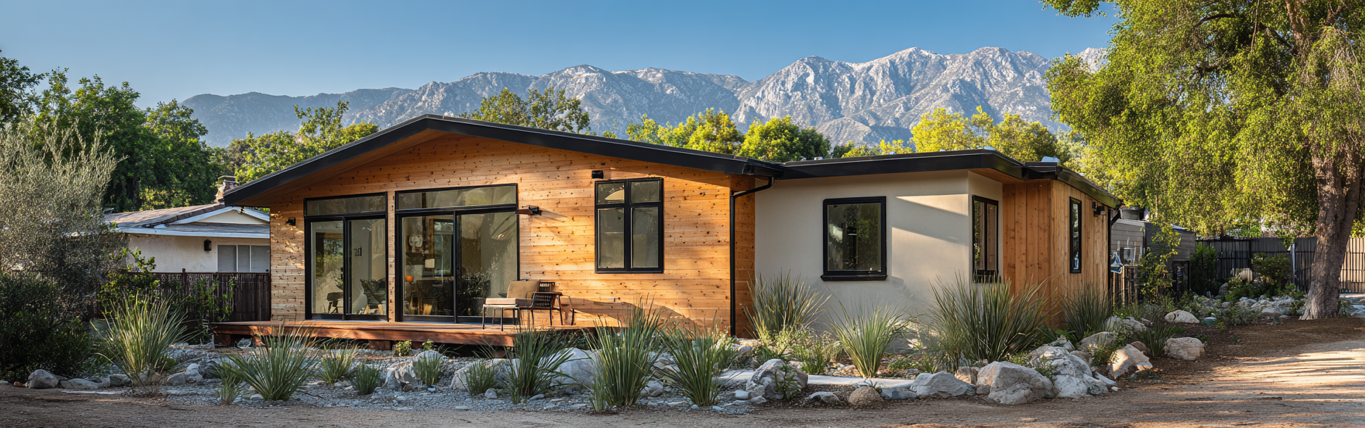 A modern ADU Altadena with cedar wood siding and black framed windows under golden sunlight.