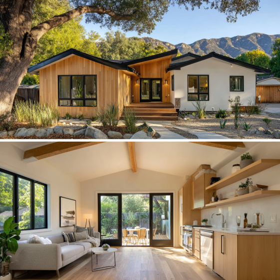 Split-view of a mid-century modern ADU Altadena with wood siding and San Gabriel Mountain views.