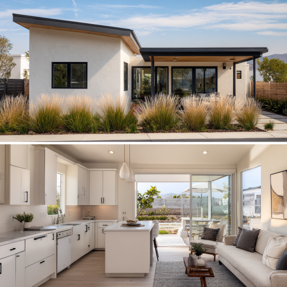 Split-view of a modern ADU Aliso Viejo with white stucco exterior and vaulted ceiling interior.