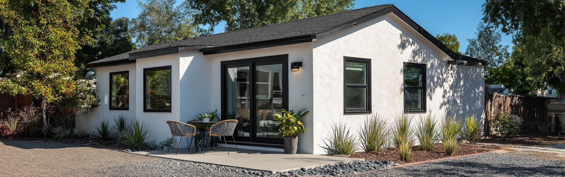 Exterior view of a modern adu Baldwin Park with light stucco and black-framed windows