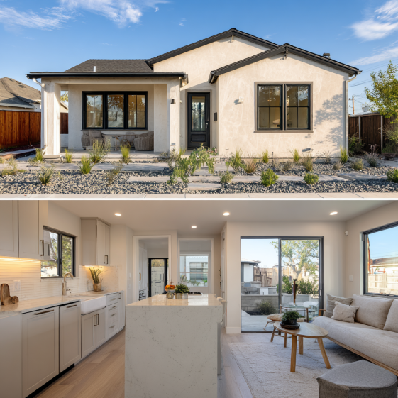 Split-view showing the stucco exterior and modern wood-floor interior of an adu Baldwin Park