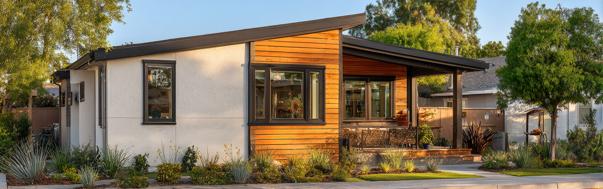 Modern adu Brea exterior with light stucco, warm wood siding, and dark window frames