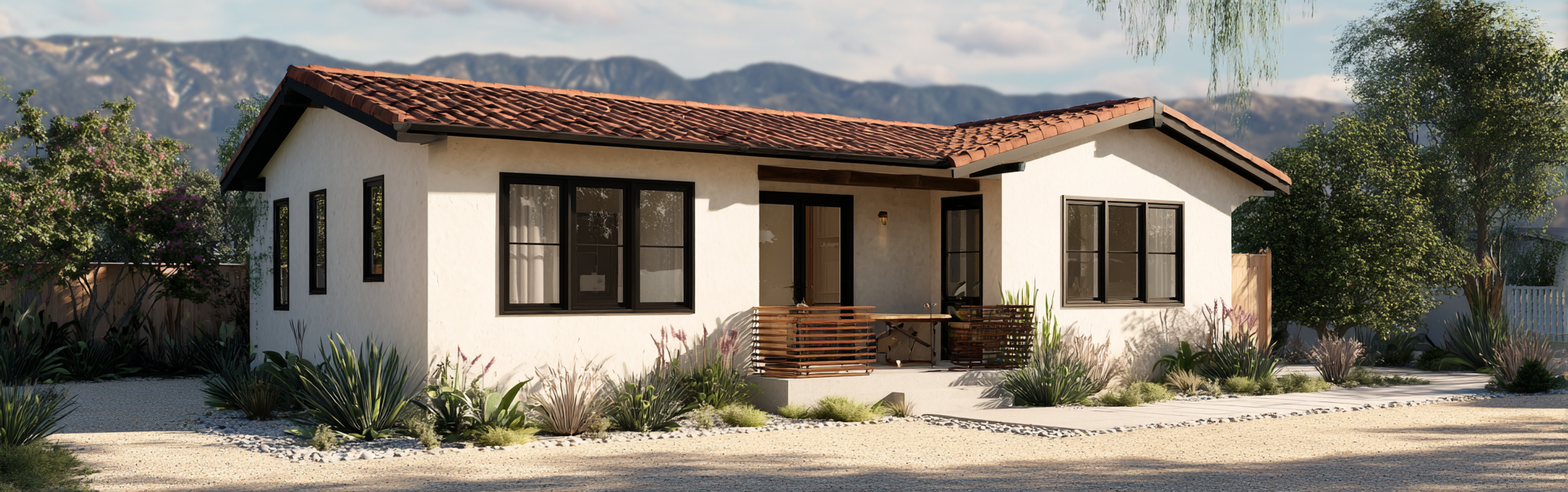 Modern guest house ADU in Azusa with contemporary stucco and mountain views.