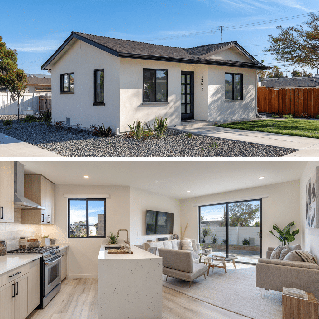 Split-view image of an ADU in Buena Park showing a white stucco exterior and a modern wood-floor interior