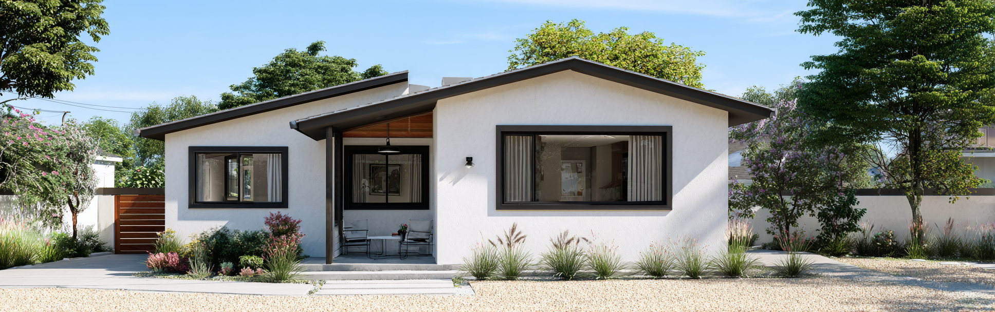 Exterior view of a modern ranch-style ADU in Covina with light stucco and dark windows