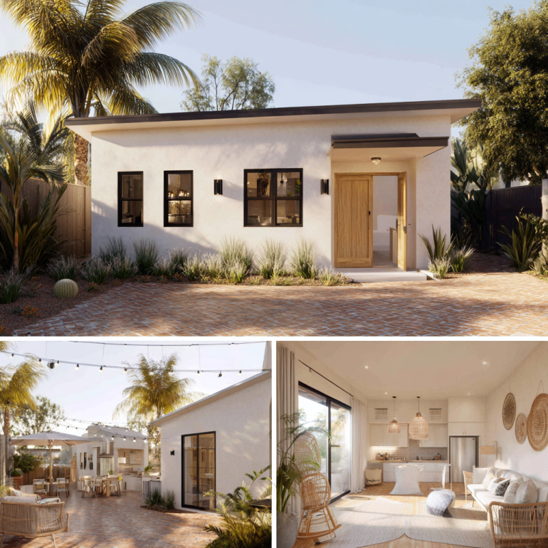 Front exterior view of a modern Granny Flat in California with white stucco walls and palm trees.