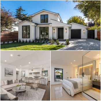 Exterior front view of a modern standalone house, a premium New Detached in california with white stucco.