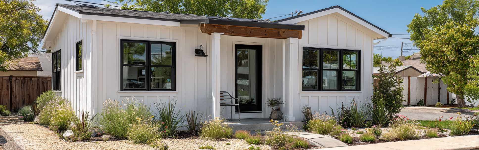 Exterior of a white modern farmhouse style ADU Anaheim with black window frames.