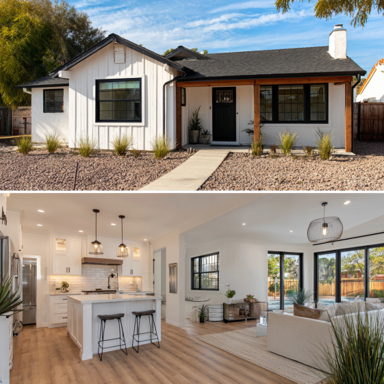 Exterior view of a modern farmhouse style ADU Anaheim with a gable roof and wood porch posts.