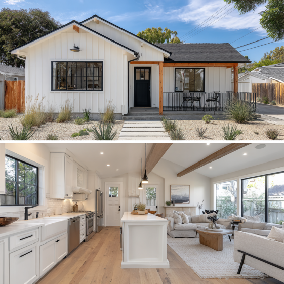 Split-view image of a modern farmhouse ADU in Costa Mesa showing exterior siding and interior layout