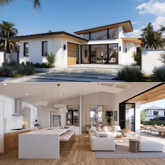 Elegant open-concept interior of an ADU in Corona del Mar with white and beige tones and a minimalist kitchen.