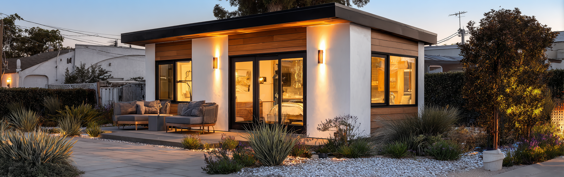 Stylish modern ADU in Buena Park with white stucco and wood panels during golden hour