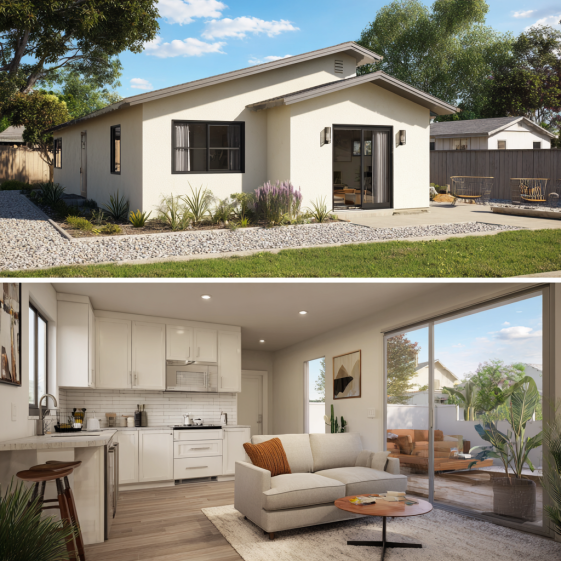 Modern ranch-style ADU in Covina with light stucco exterior and a modest gable roof