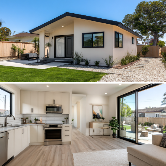 Split-view of a modern ADU in Cypress showing the light stucco exterior and the airy interior living space.