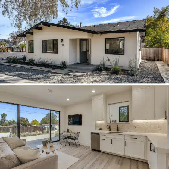 Exterior of a soft white stucco ADU in Buena Park with a gable roof and dark shingles under bright daylight