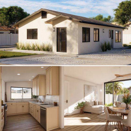 Low-maintenance landscaping with gravel and grass surrounding a new ADU in Covina