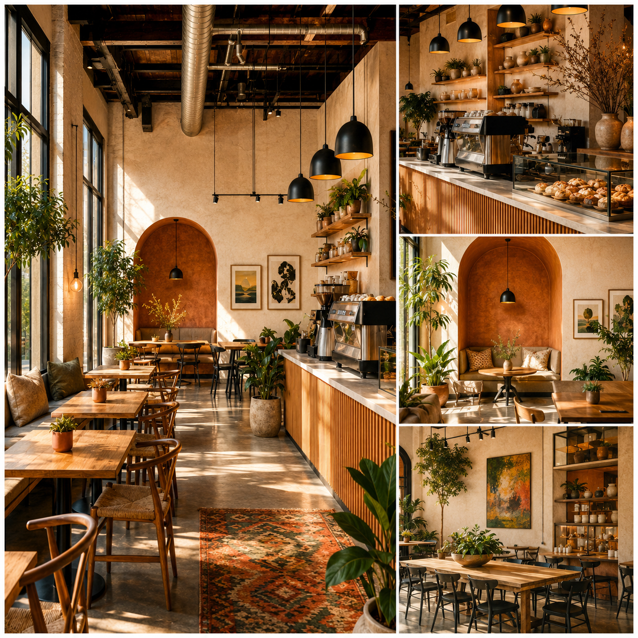 Colorful Altadena café interior design featuring an industrial coffee bar, arched seating nook, communal tables, natural wood finishes, plants, and warm California-inspired décor.