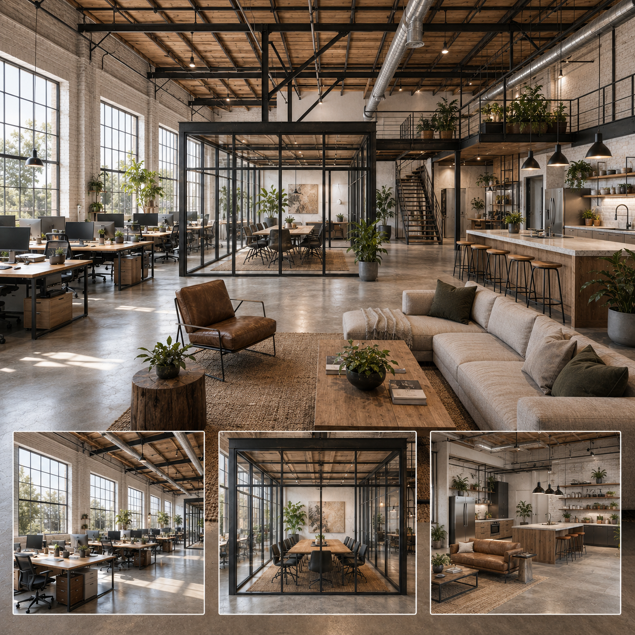Industrial warehouse office interior design in Altadena with exposed steel beams, glass meeting rooms, brick walls, open workstations, and a modern lounge.
