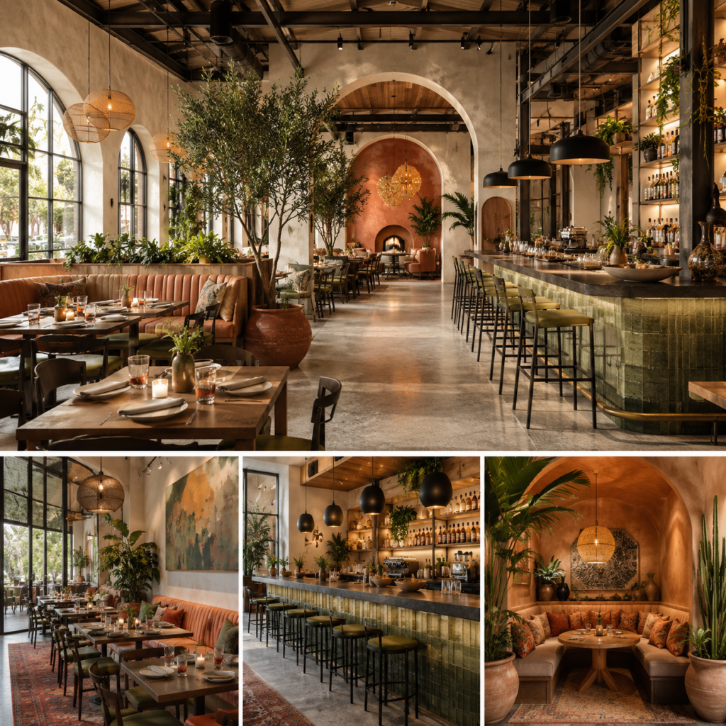 Altadena restaurant interior design featuring arched architecture, a green tiled bar, warm terracotta seating, natural greenery, and intimate dining areas.