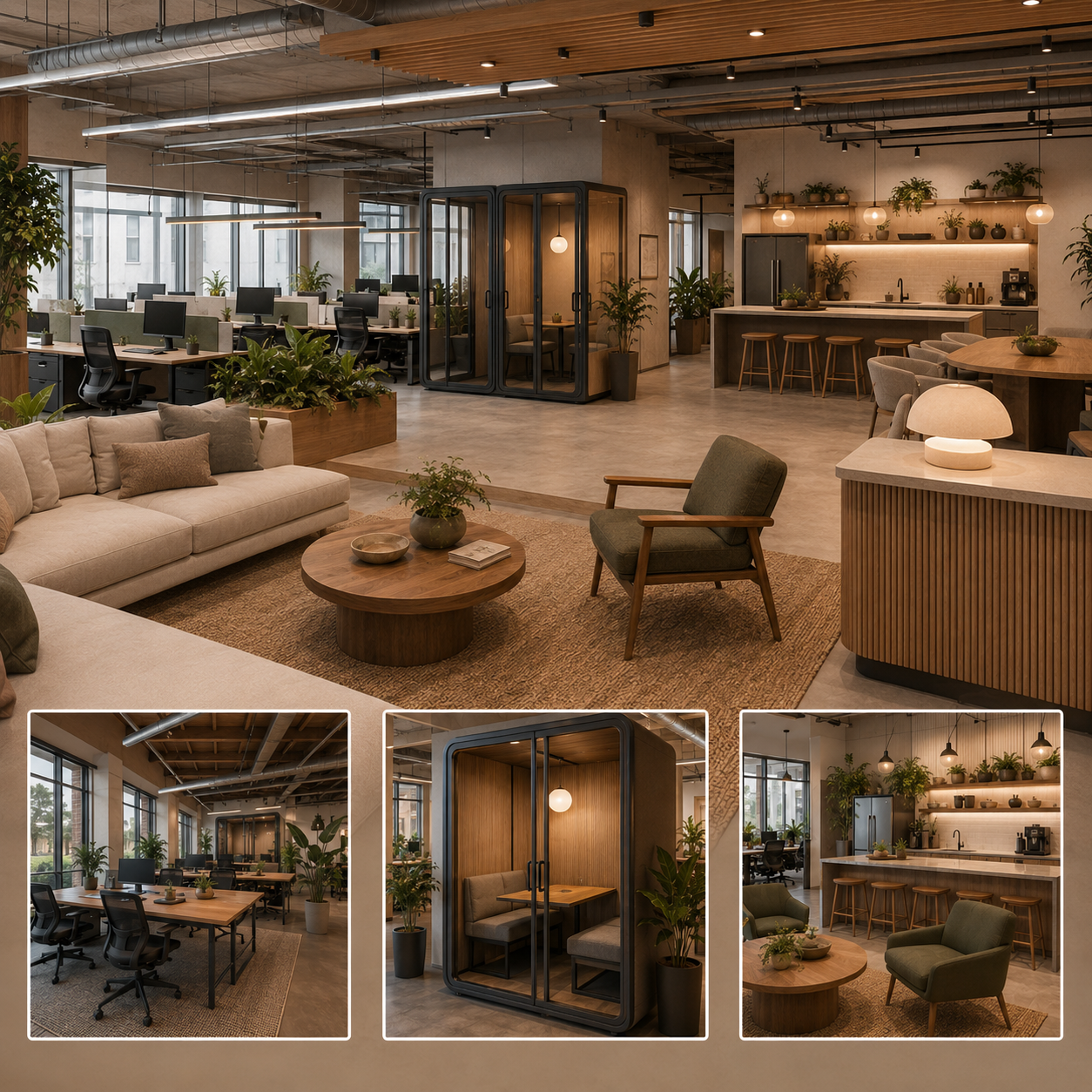 Altadena tech office interior design featuring an open workspace, acoustic meeting pods, employee lounge, and modern kitchen area.