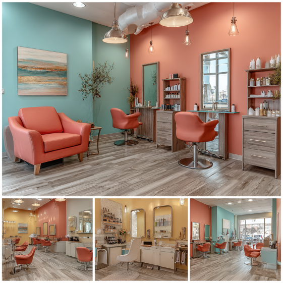 Beauty salon interior design in Buena Park showing styling stations, shampoo area, hair color room, and retail lounge with modern salon furniture and elegant décor.