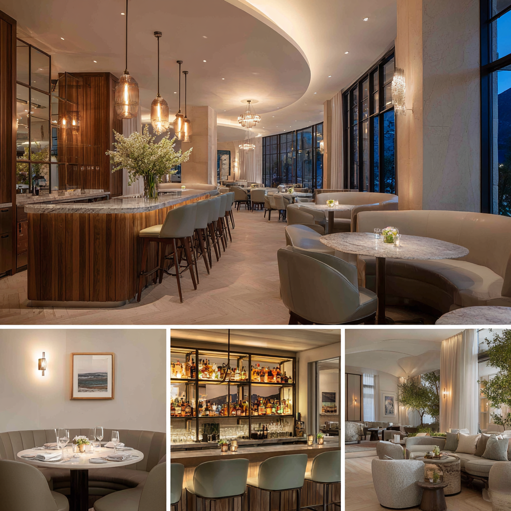 Elegant fine-dining restaurant with luxury dining room, private seating, cocktail bar, and lounge in Bel Air, CA