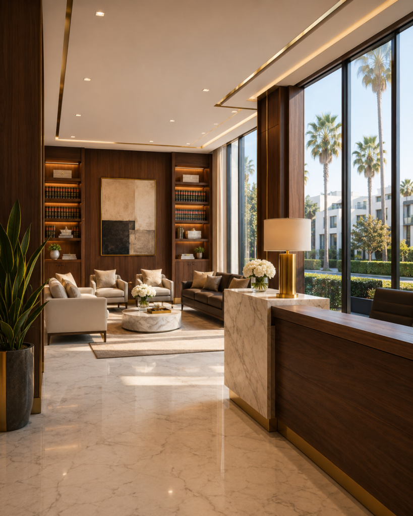 Luxury attorney office design in Beverly Hills with a reception desk, client lounge, marble details, warm wood finishes, and upscale law firm interior styling.