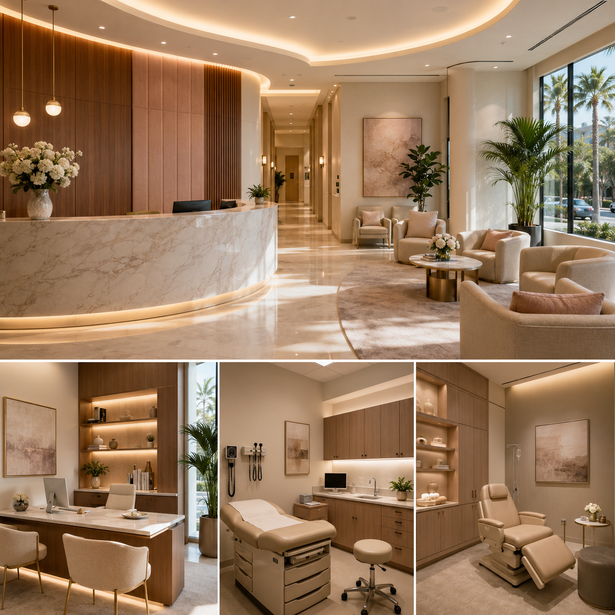 Beverly Hills medical office design showing a luxury reception area, waiting lounge, consultation room, exam room, and treatment space with modern healthcare finishes.