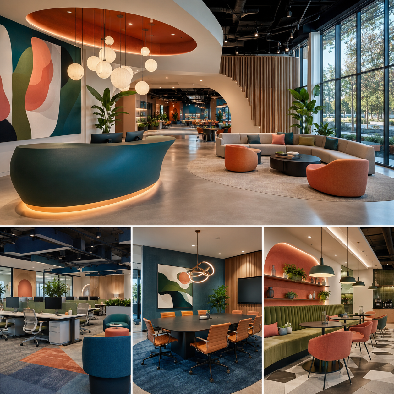 Bold corporate office interior design in Brea showing a colorful reception area, open office, meeting room, and café lounge with modern furniture and vibrant accents.