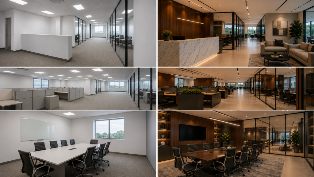 Sophisticated workplace café with earth tones and premium seating by office interior designers in Agoura Hills