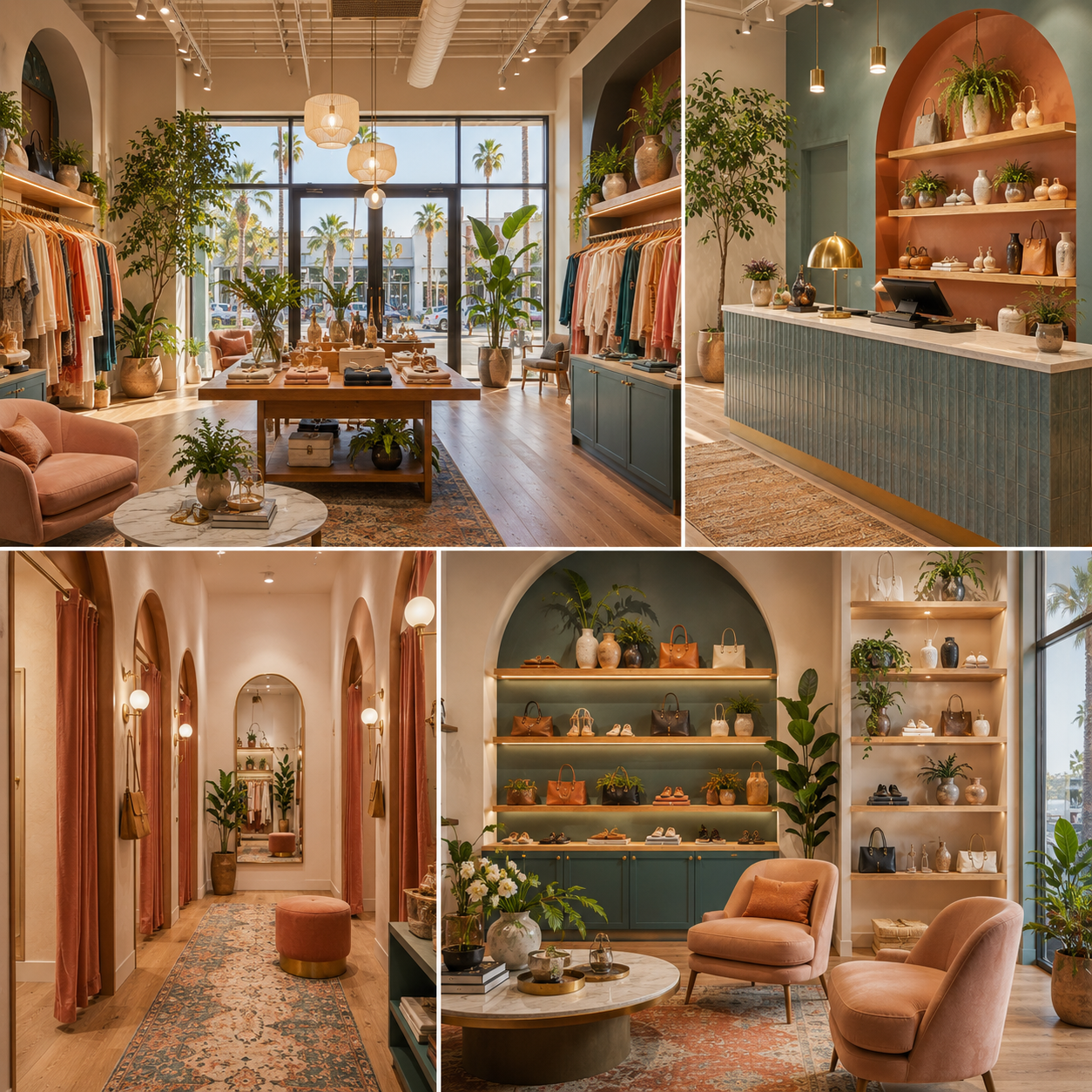 Boutique retail interior design in Anaheim showing a storefront, checkout area, fitting rooms, and product display lounge with colorful modern finishes.