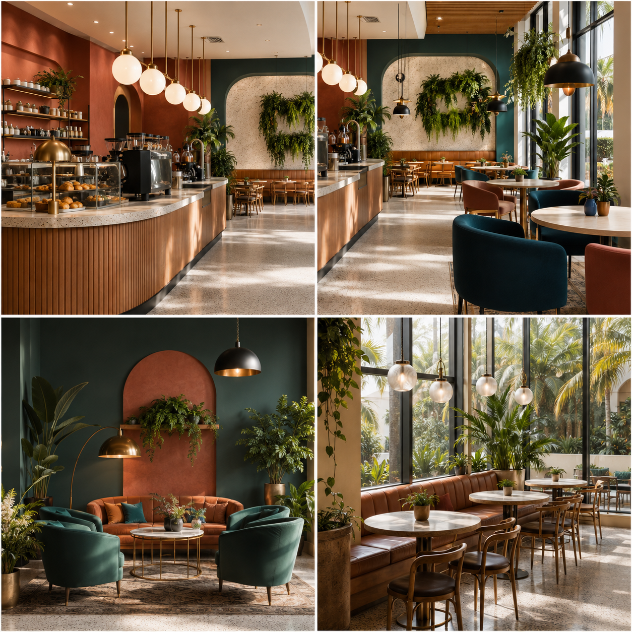 Café interior design in Anaheim showing a coffee counter, seating area, lounge corner, and window dining space with plants, warm lighting, and modern elegant décor.