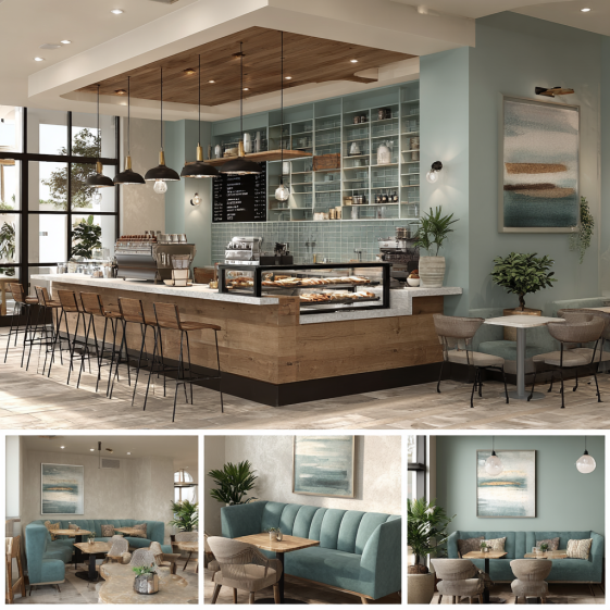 Café interior design in Buena Park showing a coffee bar, lounge seating, window seating, and dining area with blue, olive, clay, and walnut accents.