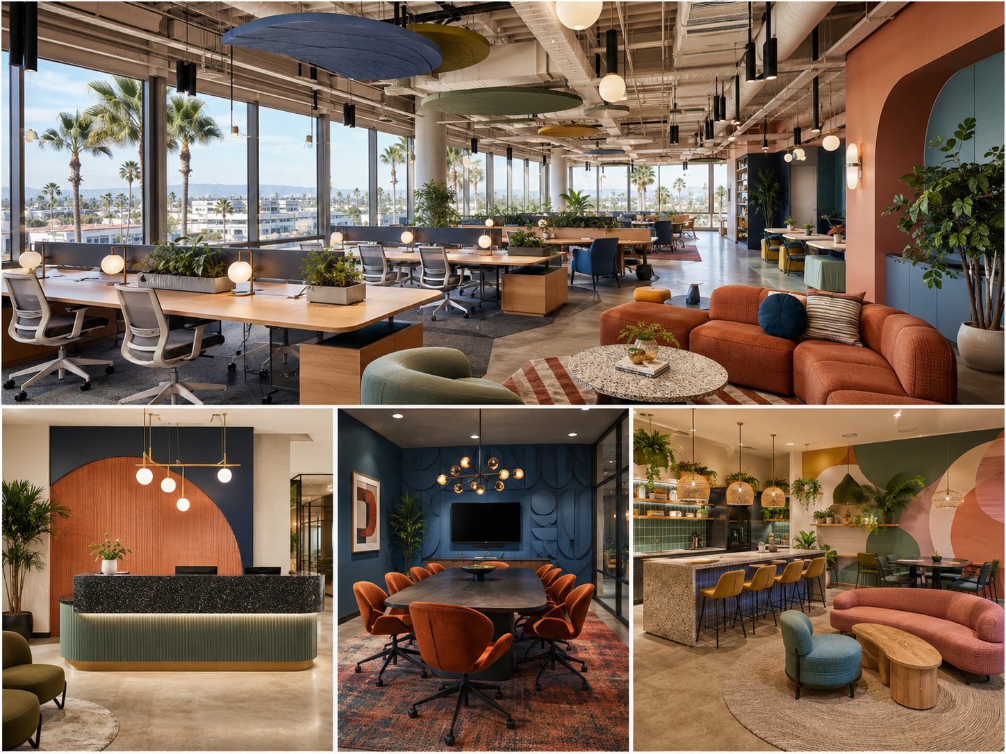 Colorful coworking office interior in Costa Mesa featuring an open workspace, reception desk, meeting room, and collaborative lounge