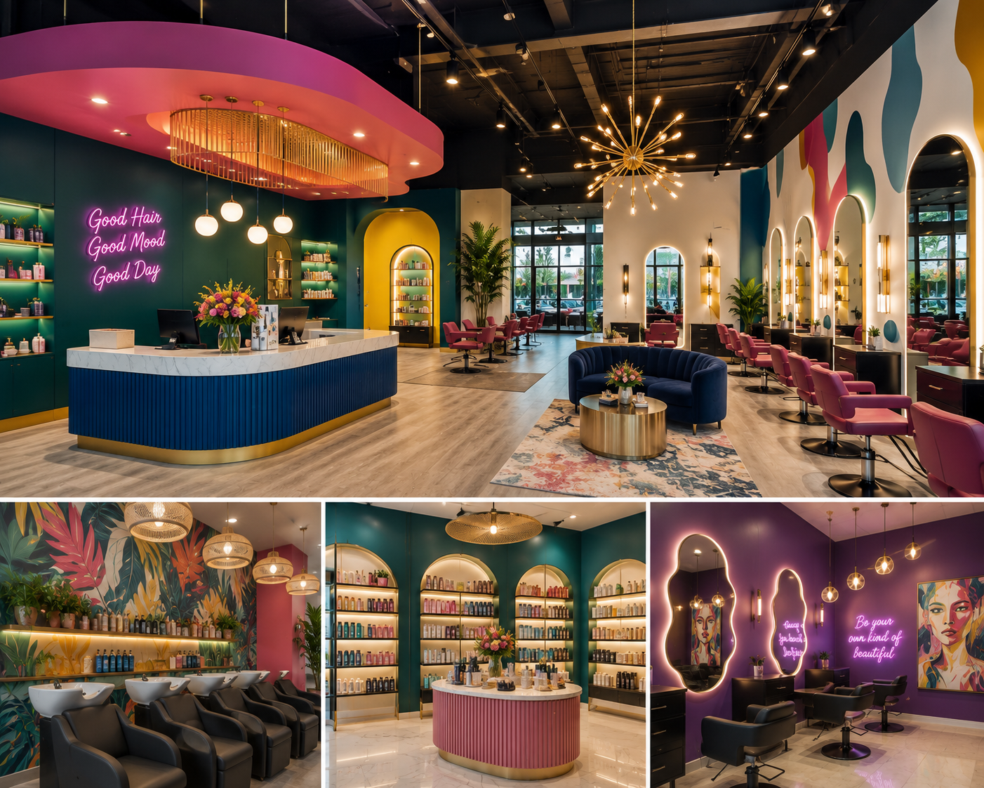 Colorful hair salon interior design in Buena Park showing a reception area, styling stations, shampoo area, and product display with bold modern colors and elegant finishes.