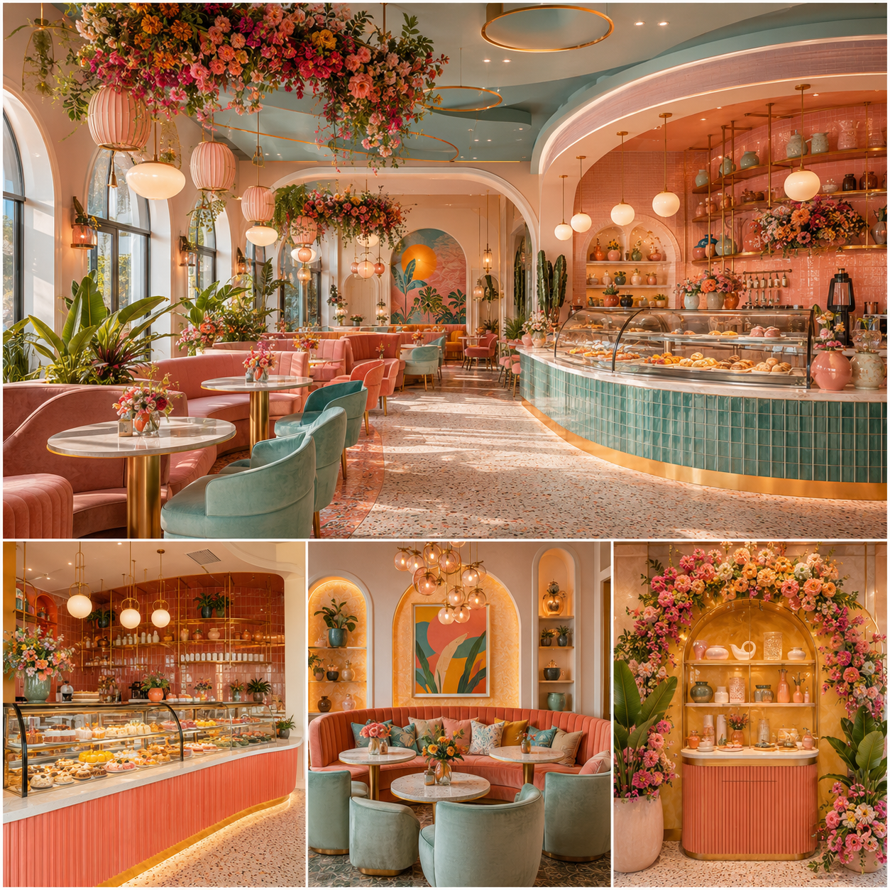 Colorful Instagrammable café interior with pastel seating, floral installations, curved pastry counters, and stylish decorative details.