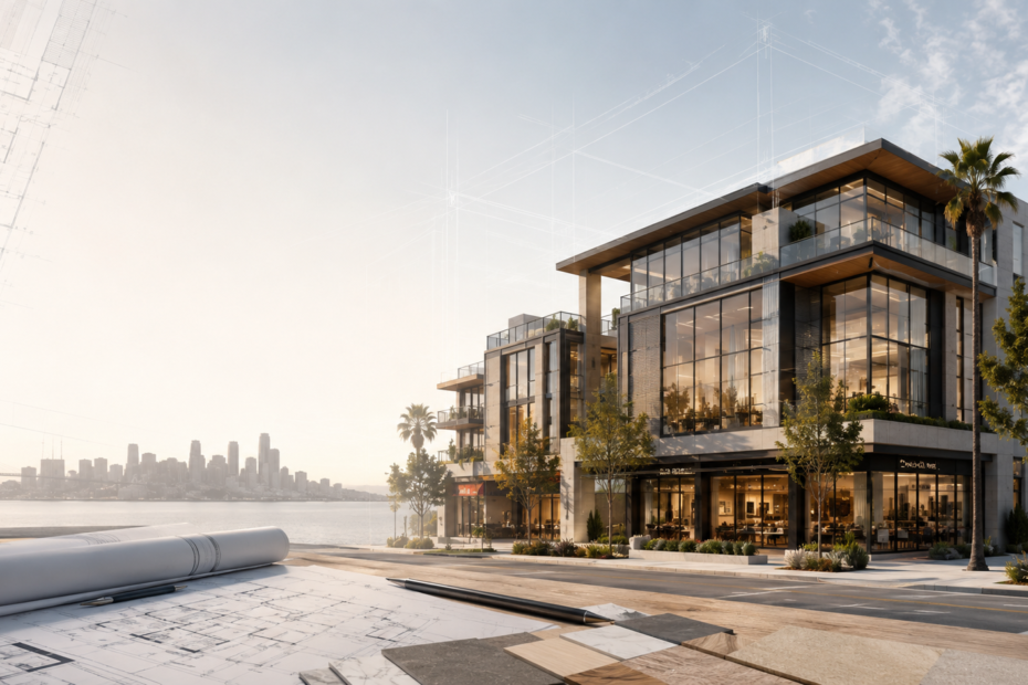 Modern commercial architectural design in California with blueprints and a contemporary mixed-use building.