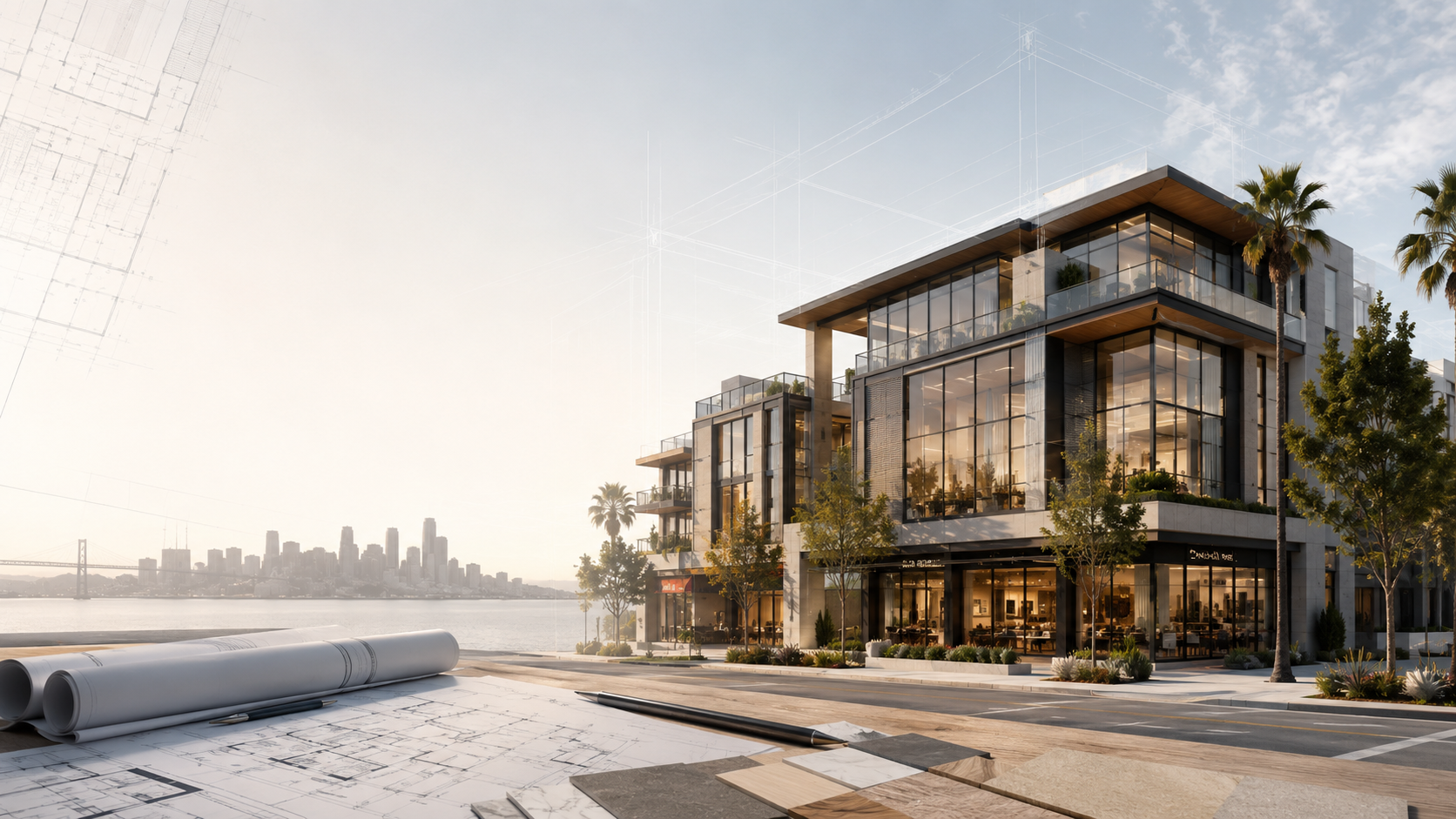 Modern commercial architectural design in California with blueprints and a contemporary mixed-use building.