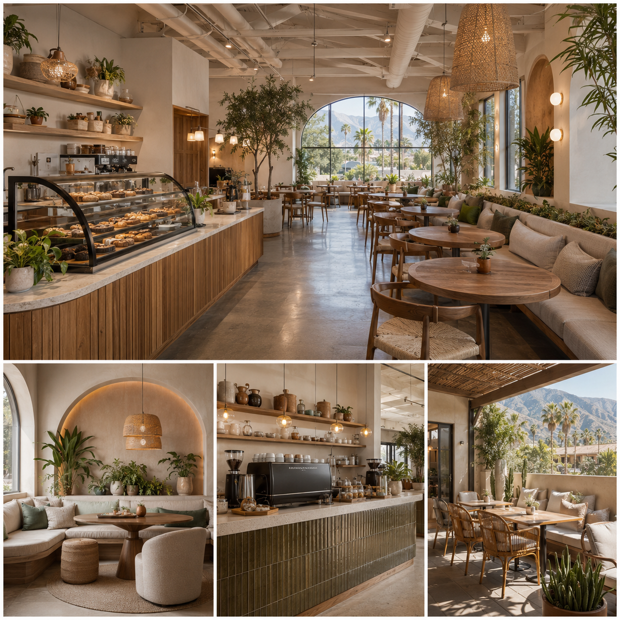 Modern café interior in Azusa, California, featuring a pastry display, coffee bar, warm wood finishes, greenery, lounge seating, and an outdoor patio.